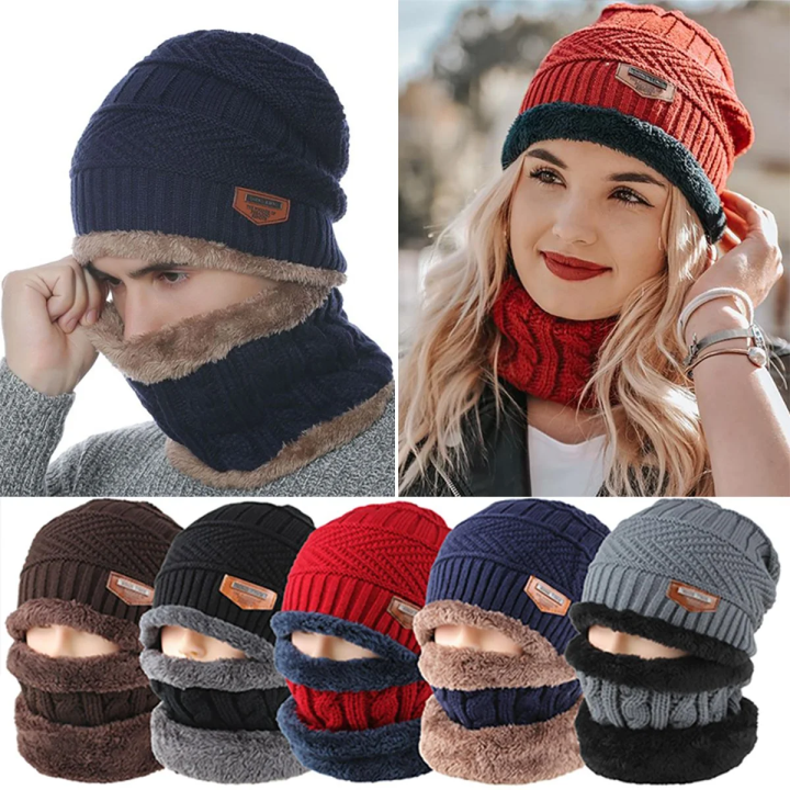 Man and Women Winter Beanie Hat and Scarf Set Baggy Slouchy Knit Warm Ski Skull Cap